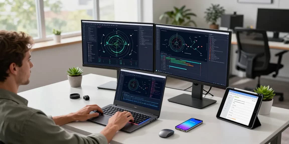 快连 developer optimizing network speed and performance on dual monitors in a modern workspace