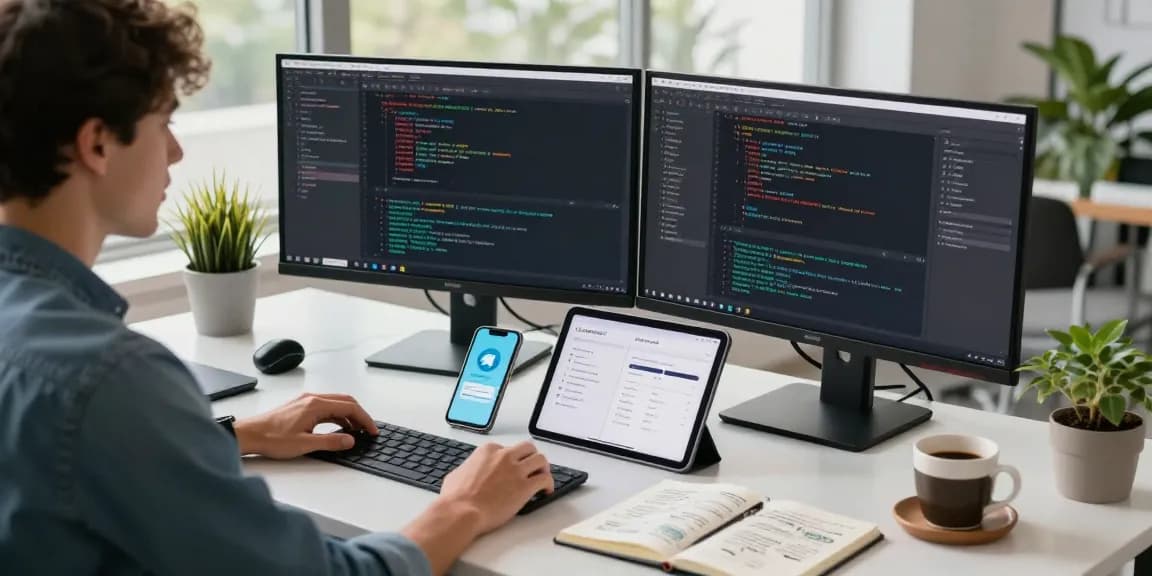 Experience seamless Telegram download at a modern coding workspace with dual monitors and coding software setup.