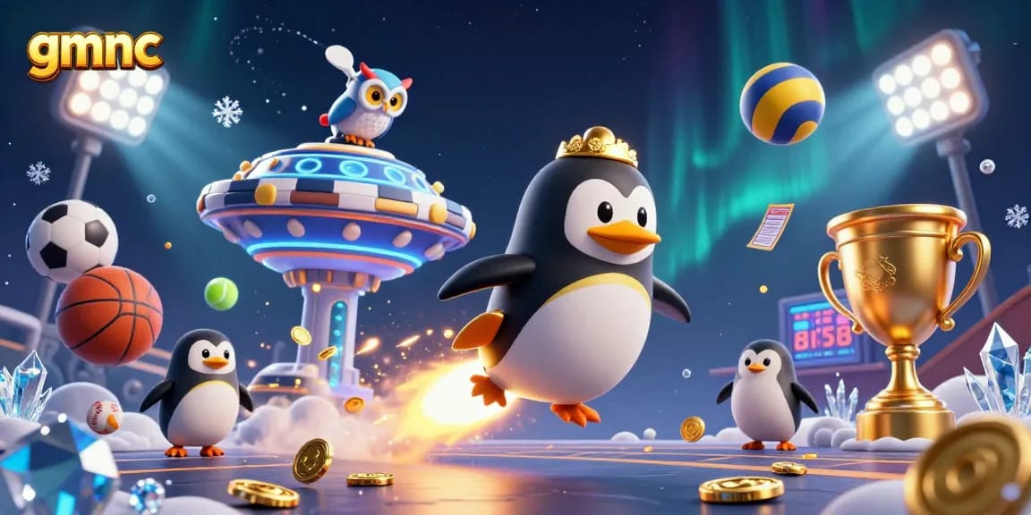 Experience gmnc's innovative casino journey with a golden penguin soaring through a vibrant space filled with betting excitement.