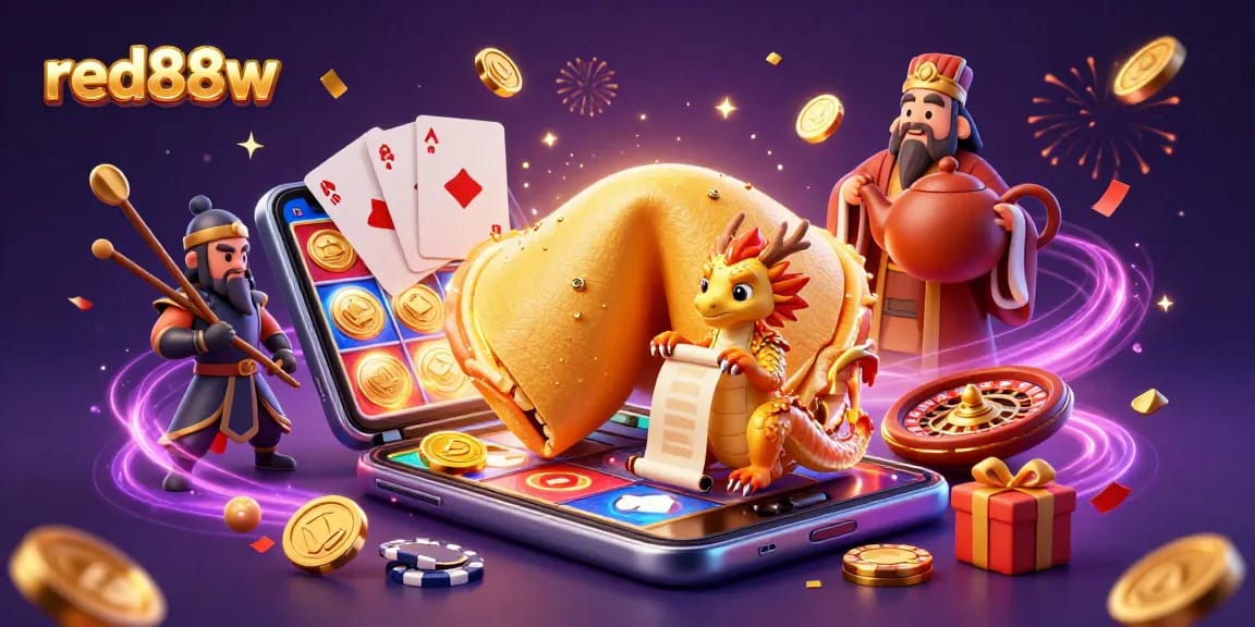 Experience thrilling wins with red88w as golden coins and prosperous slot games fill the scene.