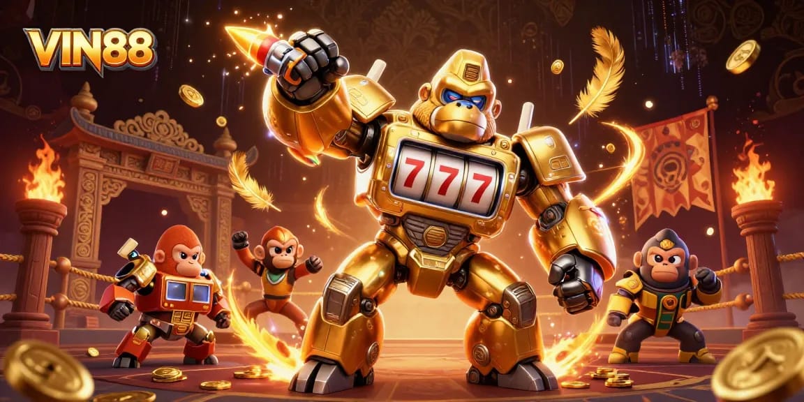 Experience the excitement of winning at VIN88 with a dynamic 3D illustration of a golden gorilla mech.