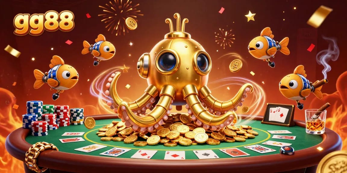 Play poker with the exciting golden kraken in a vibrant gg88 casino scene, overflowing with action and winning potential.