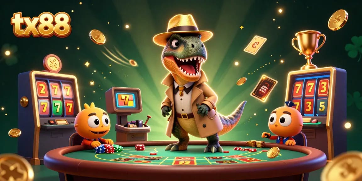 tx88 showcases a lively casino scene with a velociraptor card counter, adding excitement to the gambling atmosphere.
