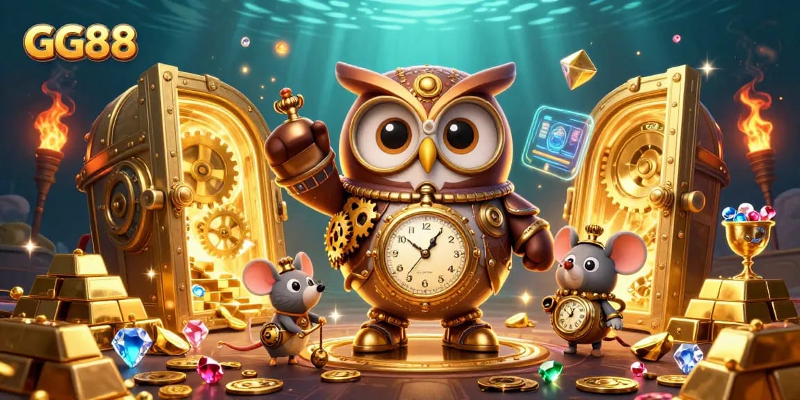 Experience GG88's vibrant gaming world with a steampunk owl and treasure amid dazzling casino themes.