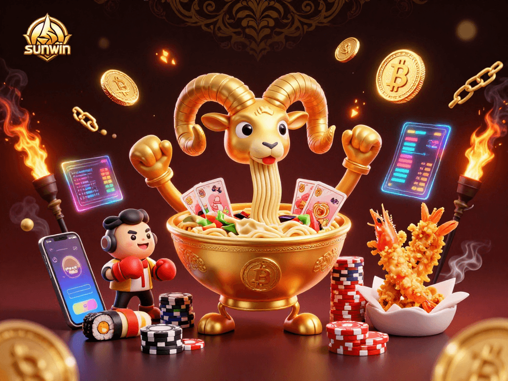 Win big at sunwin with a vibrant casino scene featuring a giant golden ramen bowl and crypto elements.