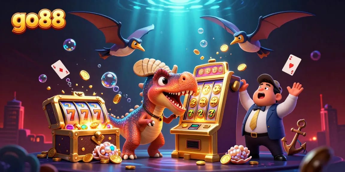 go88 features a dinosaur-themed casino scene with jackpot-winning action and vibrant underwater treasures.