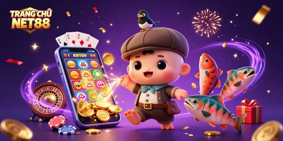 Play games on TRANG CHỦ NET88 with colorful slot reels and fun characters in a vibrant casino scene.