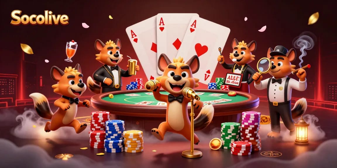 Socolive brings excitement as hyenas run a comedy casino club with poker scenes, vibrant atmosphere!