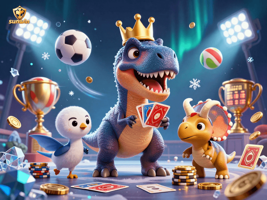 Experience the excitement of sunwin with a T-Rex shuffling cards and thrilling sports elements in play.