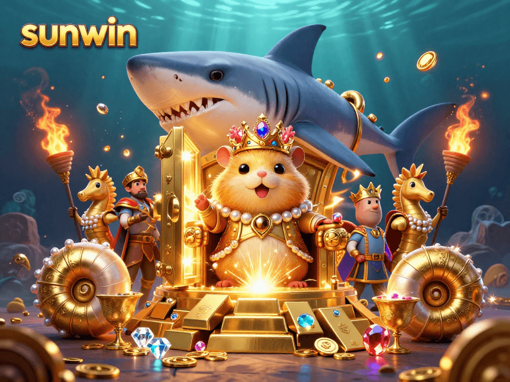 Engage with the vibrant treasures of sunwin illustrated through a golden hamster king and royal seahorse guards.