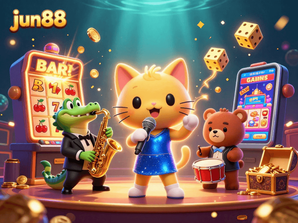 Experience the excitement of jun88 with a jazz-singer cat, crocodile, and bear cub in a dynamic casino scene.