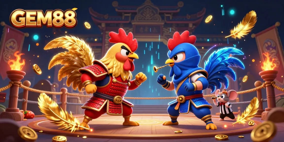 GEM88 showcases an epic cockfighting illustration with dynamic characters and immersive casino elements.