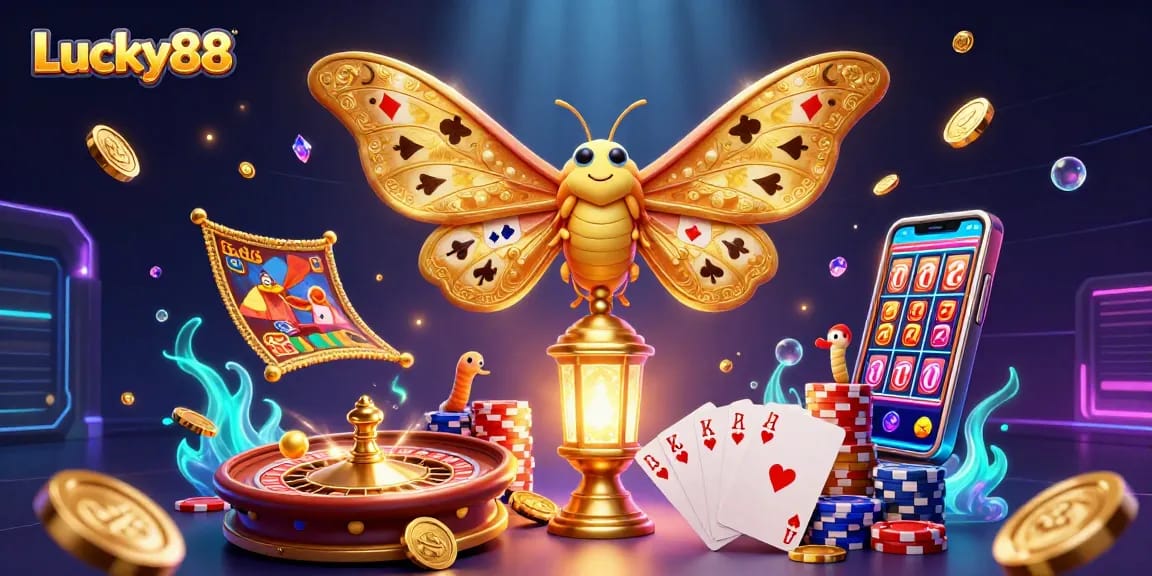 Experience the excitement of Lucky88 with vibrant golden wings and dynamic casino elements!
