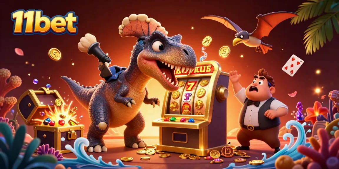 Experience the thrill of 11bet as a pachycephalosaurus hits a jackpot with coins flying