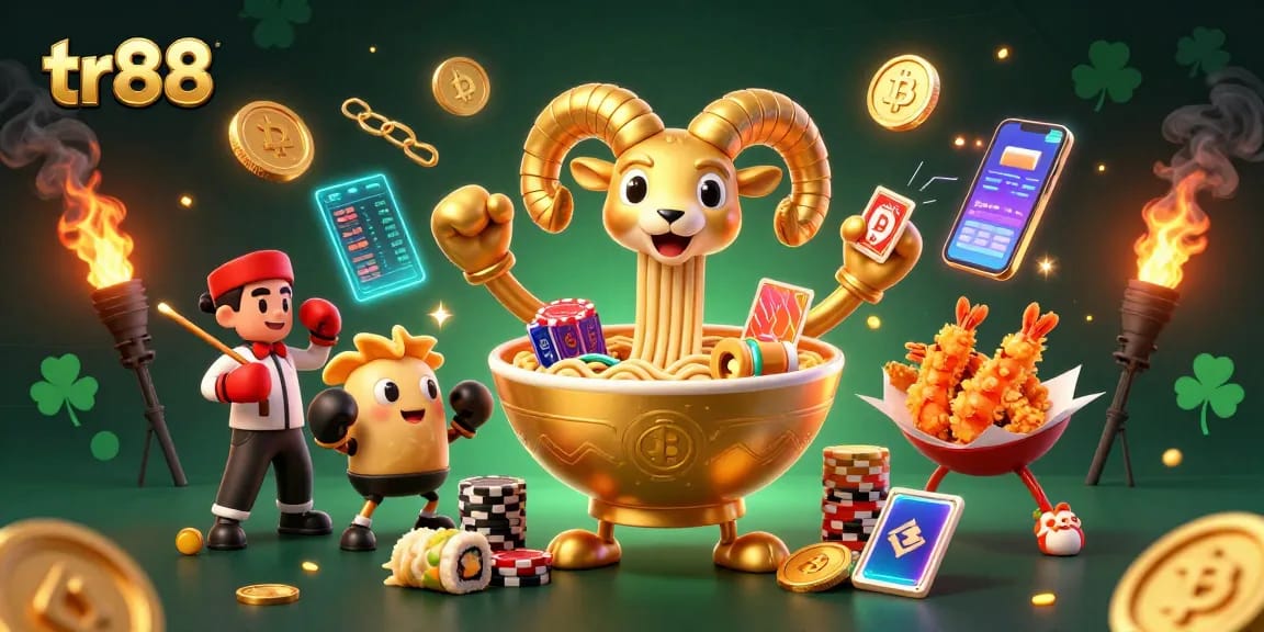 Engage with tr88’s thrilling gaming world where a golden ramen bowl deals cards amidst vibrant crypto excitement.