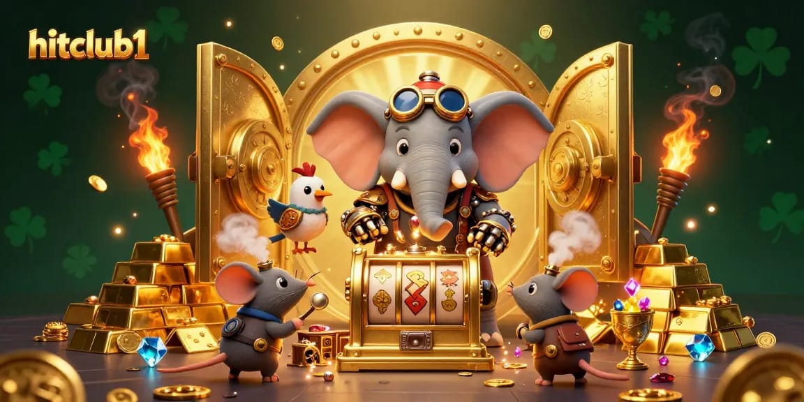 Experience exciting gameplay at hitclub1 with a steampunk elephant engineer operating a slot machine amidst treasures.