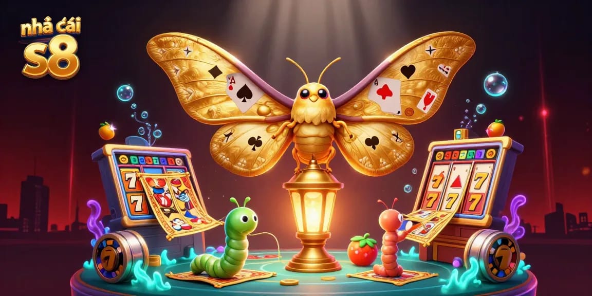 Engage with Nhà cái s8's vibrant slot games featuring golden atlas moth and rich casino elements.