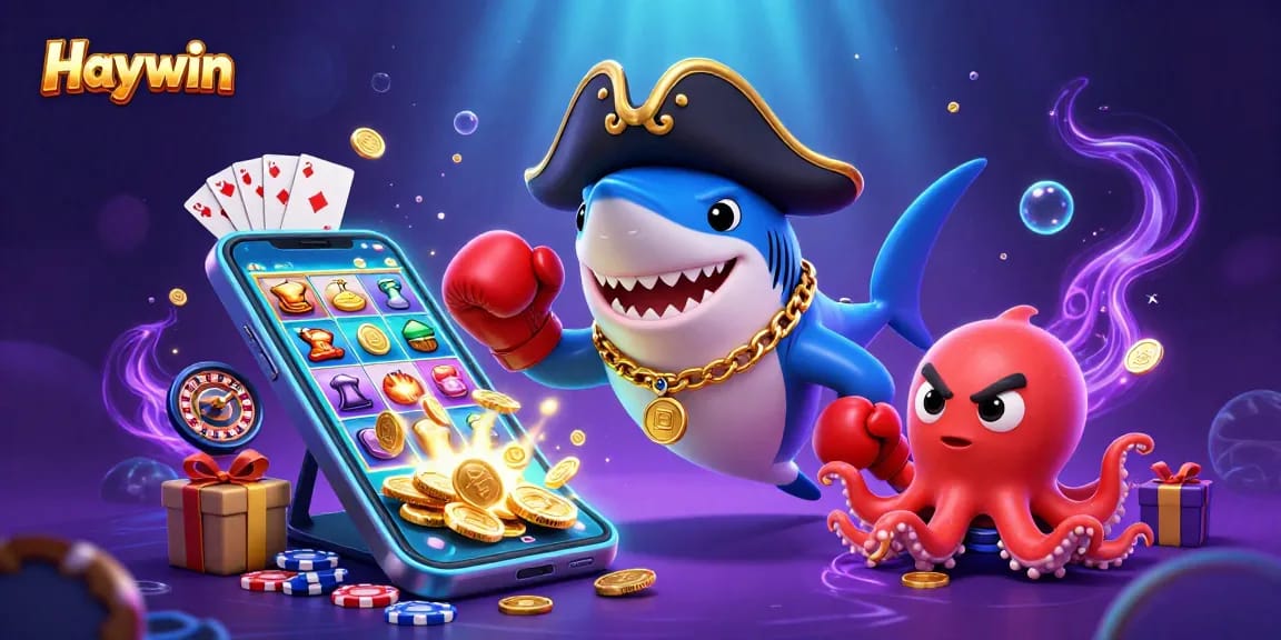 Join the excitement at Haywin with a pirate shark and friends winning big in thrilling casino games.