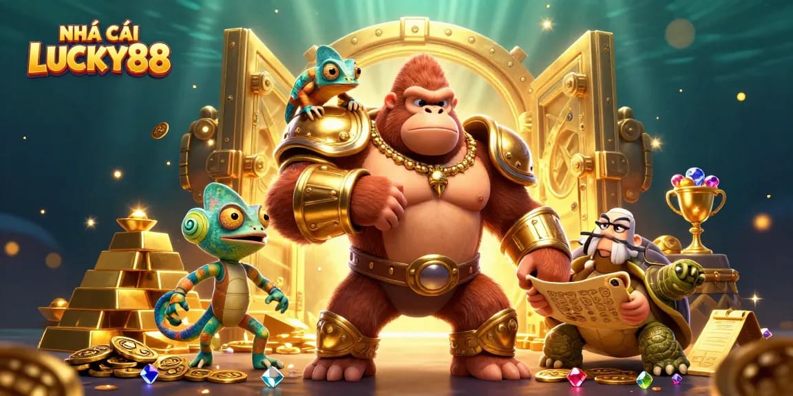Engage with NHÀ CÁI LUCKY88's elite gaming experience, featuring a powerful gorilla king and treasures.