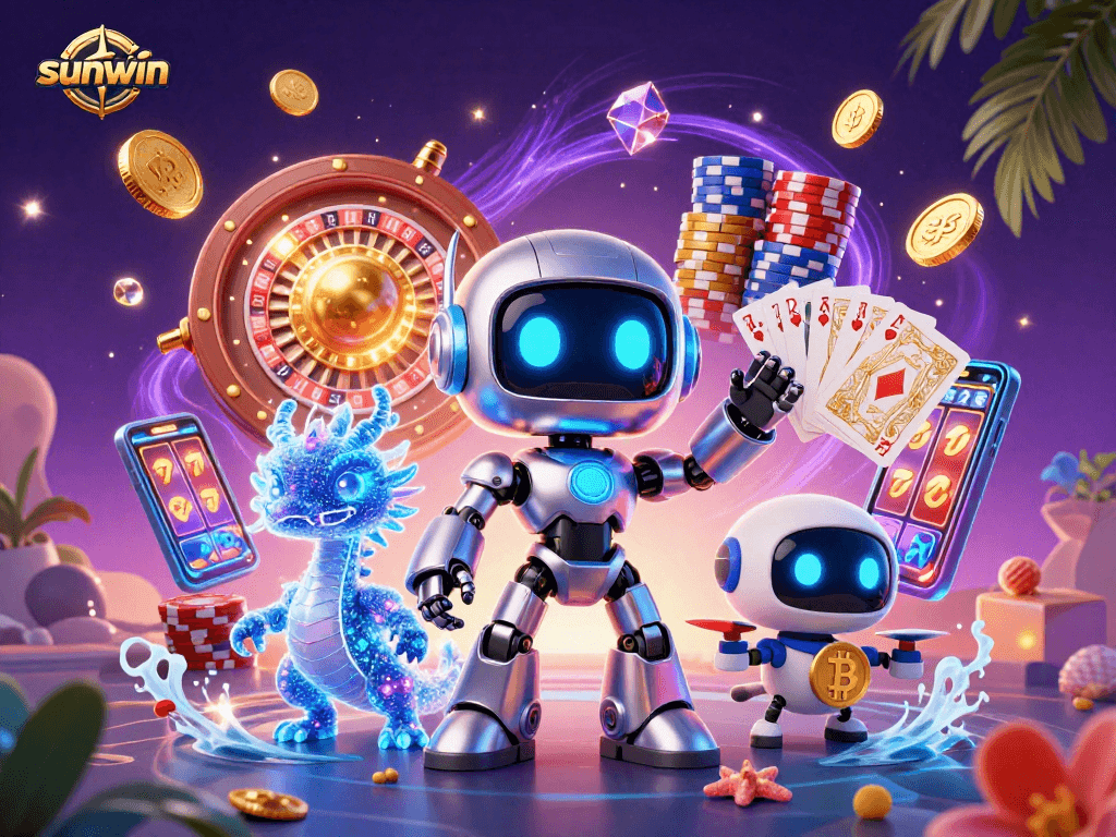 Experience thrilling wins with sunwin in this vibrant 3D casino scene featuring a cyberpunk mascot.