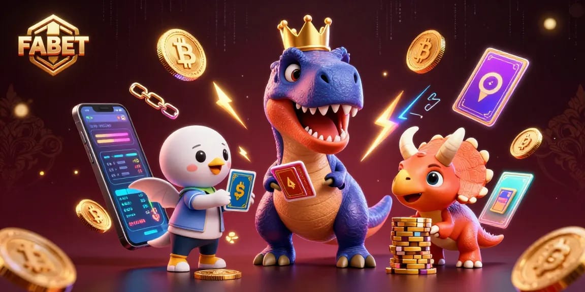 Experience FABET's vibrant casino scene with animated dinosaurs, crypto elements, and a dynamic atmosphere.