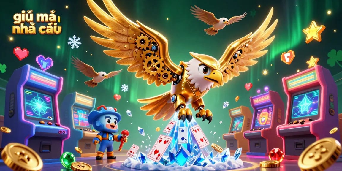 Engage with giải mã nhà cái through a vibrant scene featuring a cybernetic eagle diving among holographic cards and arcade machines.
