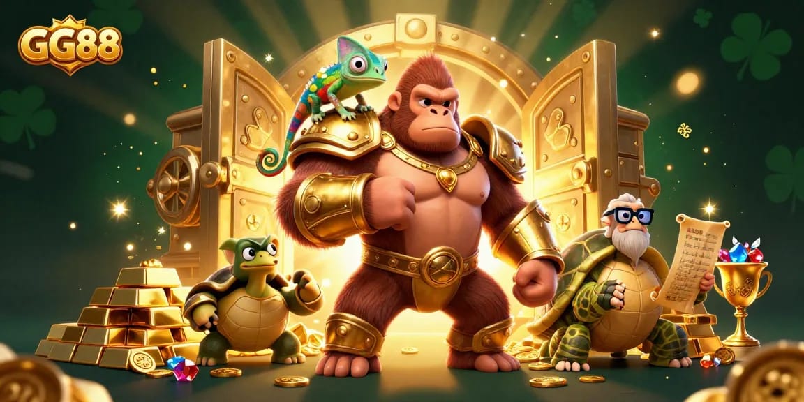 Experience thrilling wins at GG88 with a vibrant 3D casino scene filled with gold and gaming treasures.