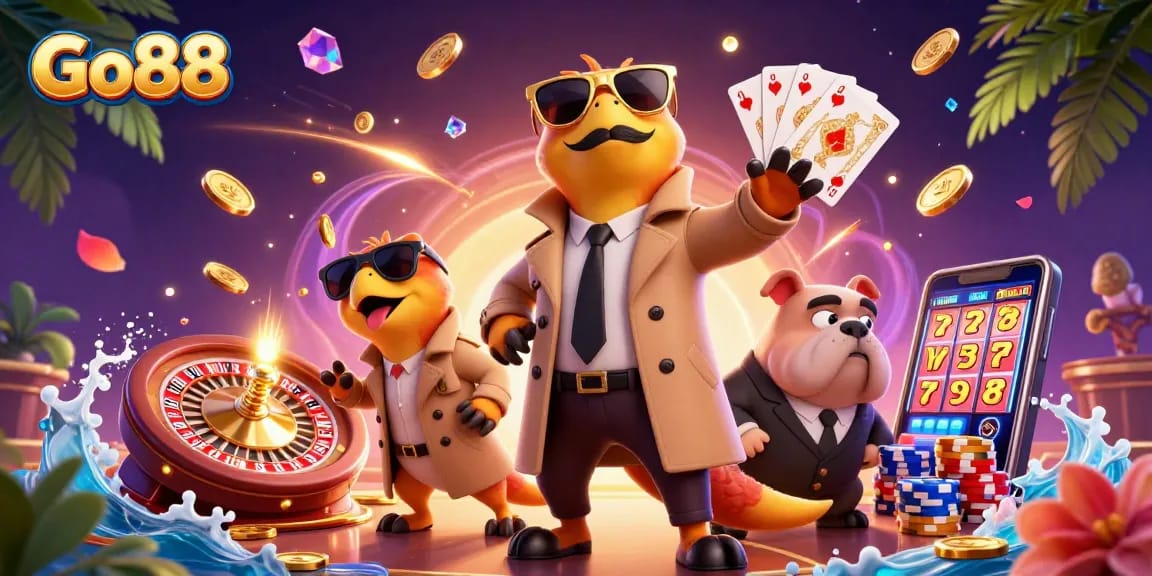 Experience thrilling adventures at Go88 with a playful trio of raptors entering a VIP casino lounge.