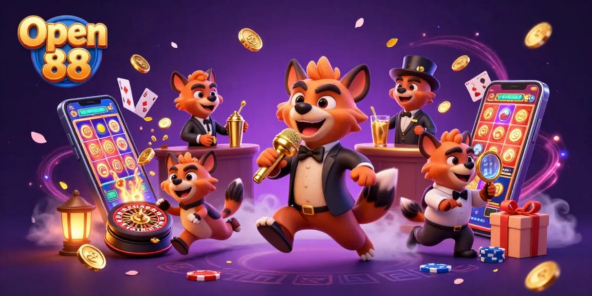Experience dynamic gaming fun at Open 88 with a lively hyena casino scene showcasing thrills and laughter.