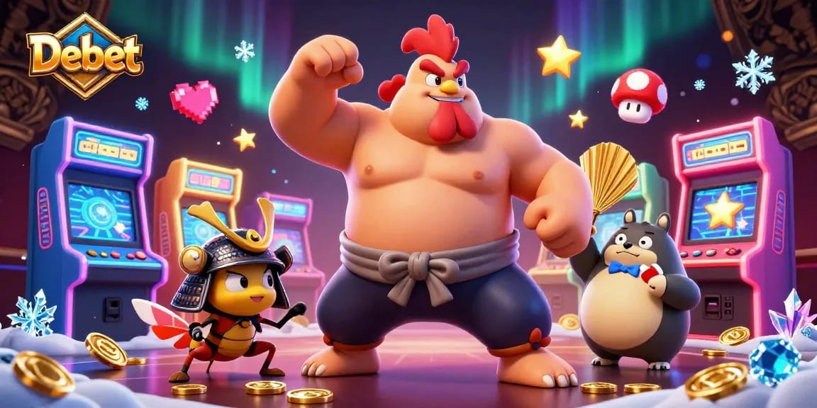 Experience the excitement of Debet as a powerful sumo rooster stomps amidst vibrant gaming elements.