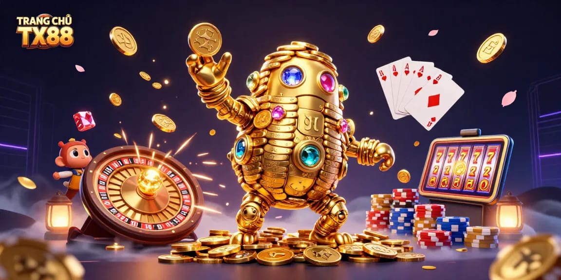 Engage with TRANG CHỦ TX88 in a thrilling 3D digital casino adventure showcasing vibrant gambling elements.