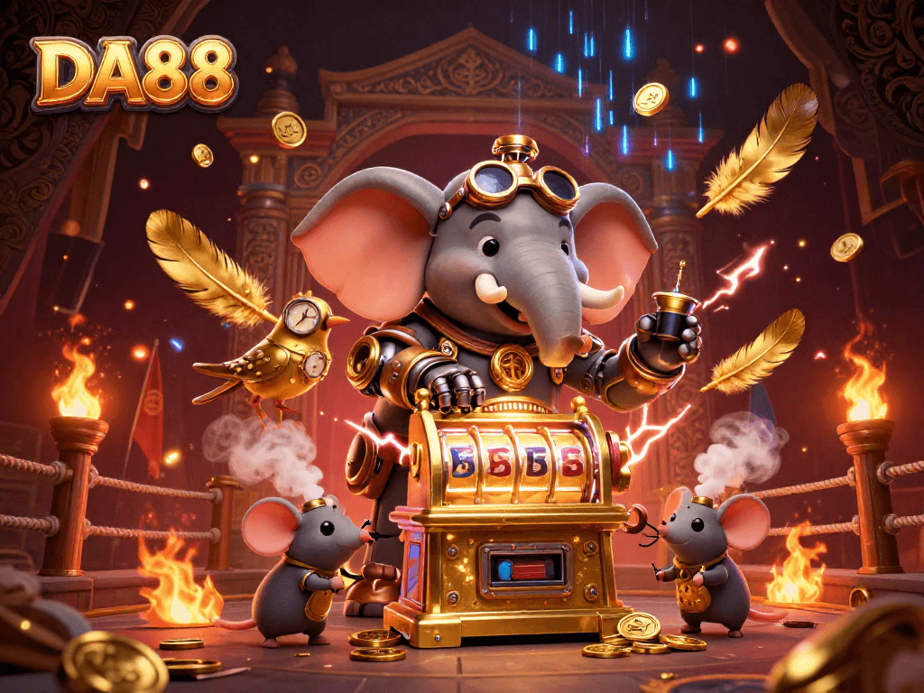 Experience excitement at DA88 with a steampunk elephant and captivating casino elements in this dynamic scene.
