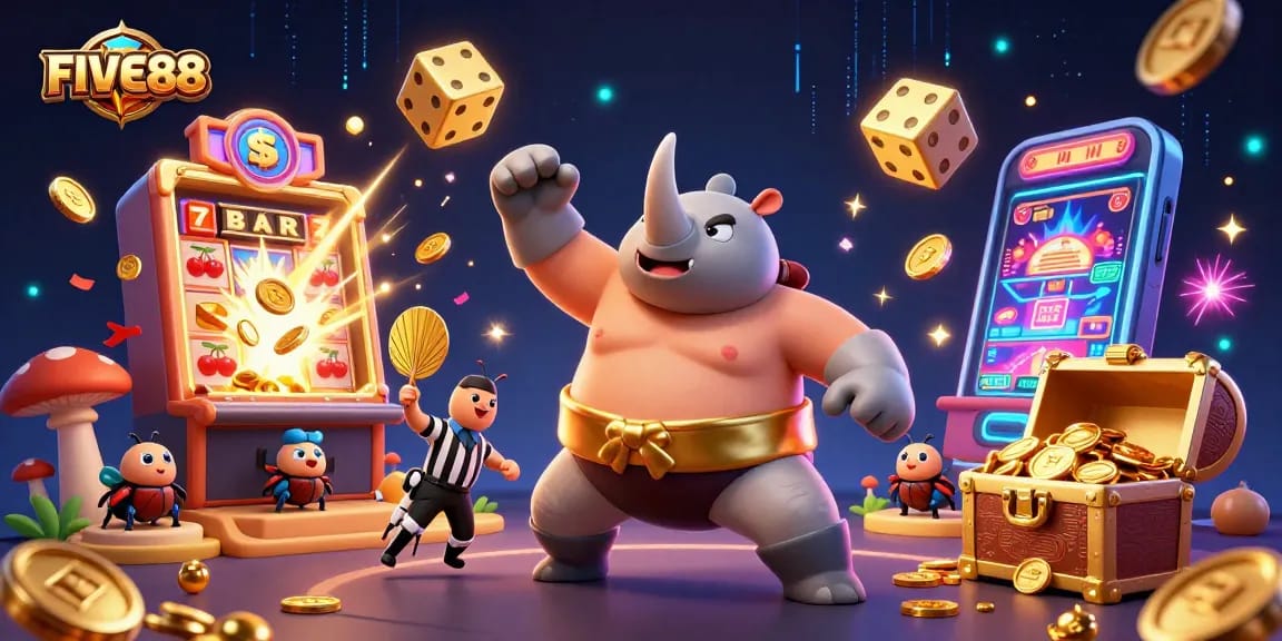 Experience the excitement at FIVE88 with a dynamic casino scene featuring a beetle sumo champion and vibrant jackpot elements.