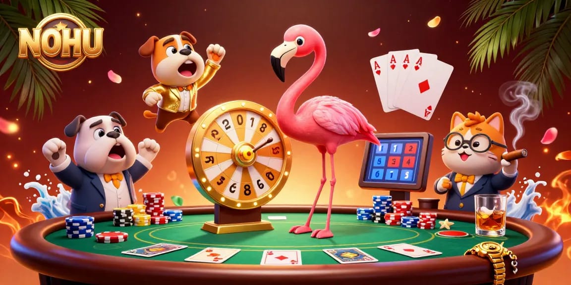 Experience the thrill of NOHU with vibrant slot games, dynamic characters, and exciting prizes in a casino setting.