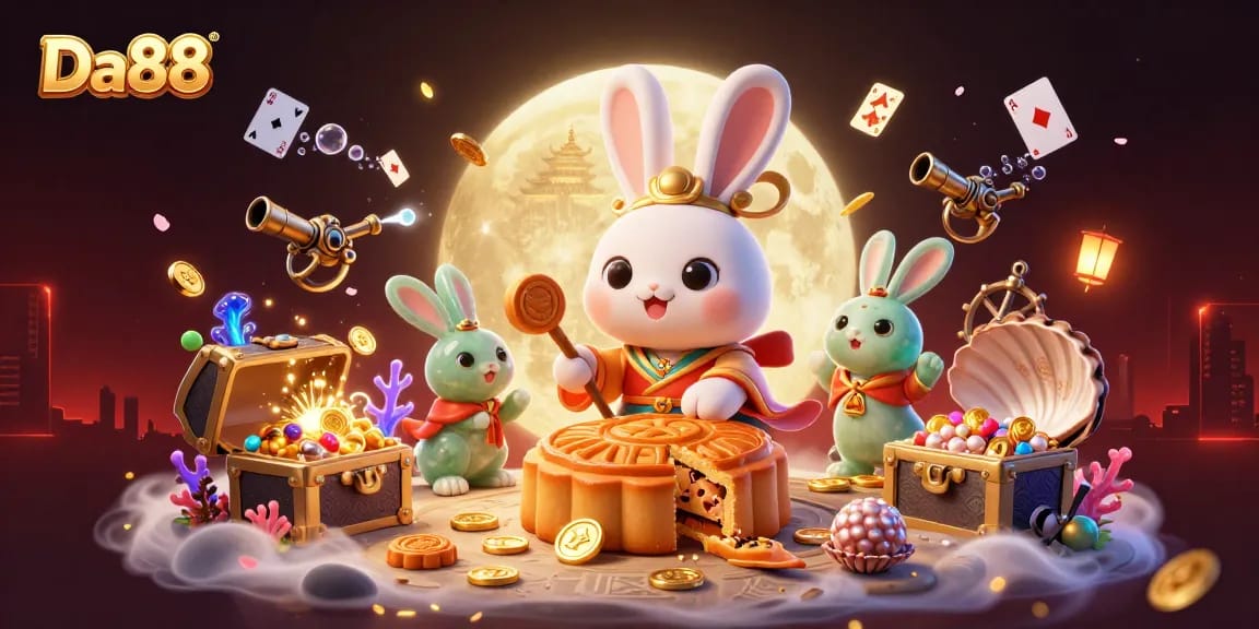 Experience Da88's exciting gambling atmosphere with the moon rabbit and vibrant casino elements.