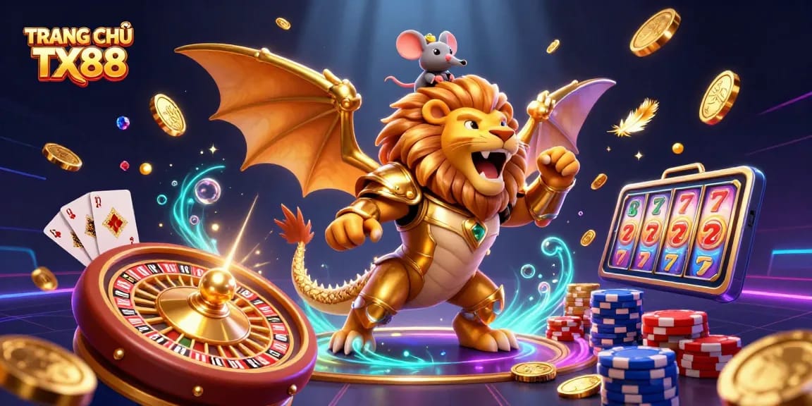 Experience the thrill of TRANG CHỦ TX88 with dazzling casino elements and vibrant action scenes.