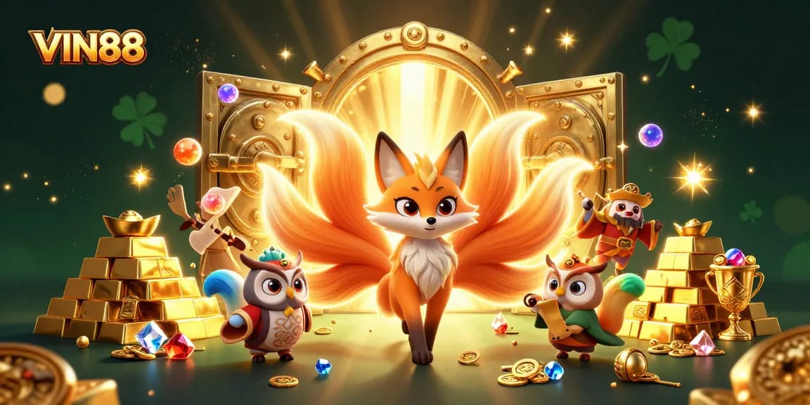 Join the enchanting adventure with VIN88, as the nine-tailed fox and wise owl celebrate riches in a magical casino.