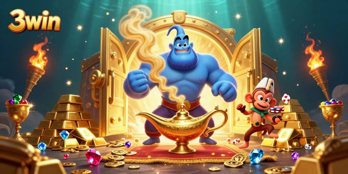 Engage with 3win as a blue genie erupts from a lavish background, symbolizing vibrant online casino experiences.