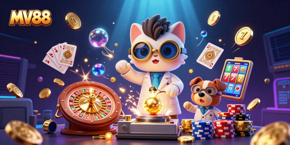 Win big with MV88's engaging casino illustration featuring vibrant gaming elements.