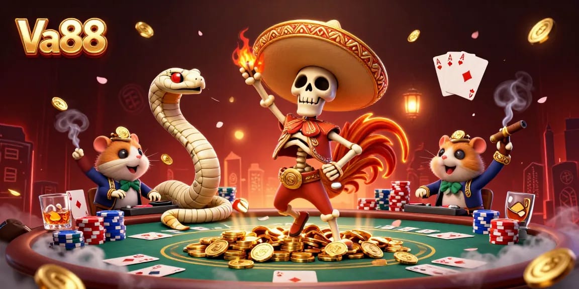 Engage in exciting poker gameplay with Va88 characters animated in a festive casino scene.
