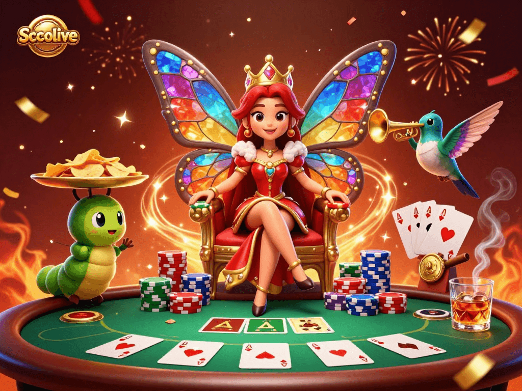 Socolive showcases a vibrant 3D casino illustration featuring a butterfly queen with poker elements.