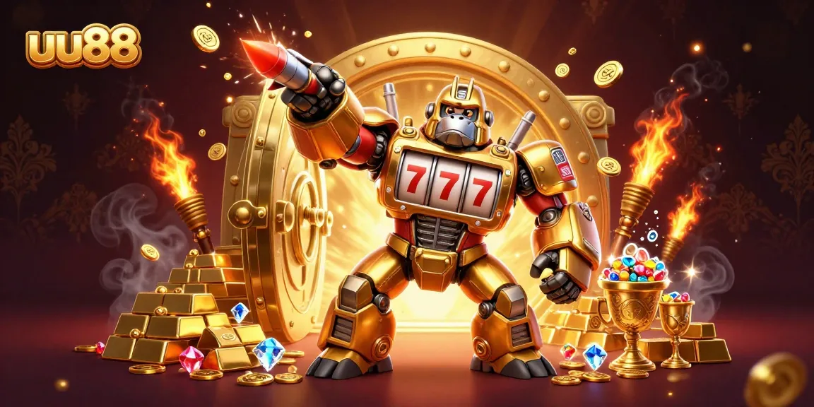 Play exciting games at uu88 with our vibrant 3D illustration showcasing a golden gorilla mech and treasure-filled gambling atmosphere.