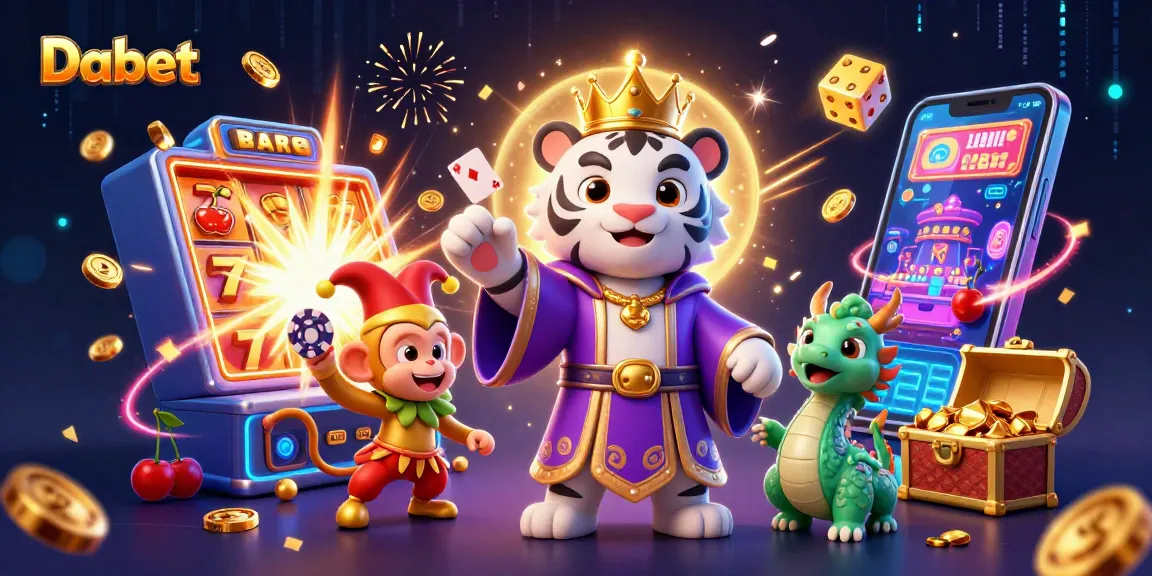 Dabet offers exciting gameplay with a whimsical scene featuring a white tiger, a monkey juggling chips, and a jade dragon amid casino elements.