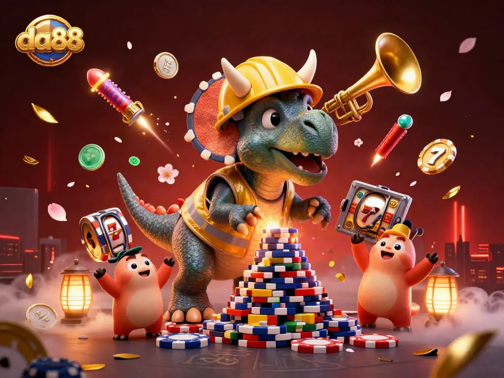 da88 showcases a lively casino scene of a triceratops and friends building poker chip towers.