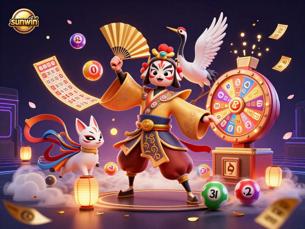 Experience the excitement of sunwin with a vibrant lottery scene featuring animated characters and lively game elements.