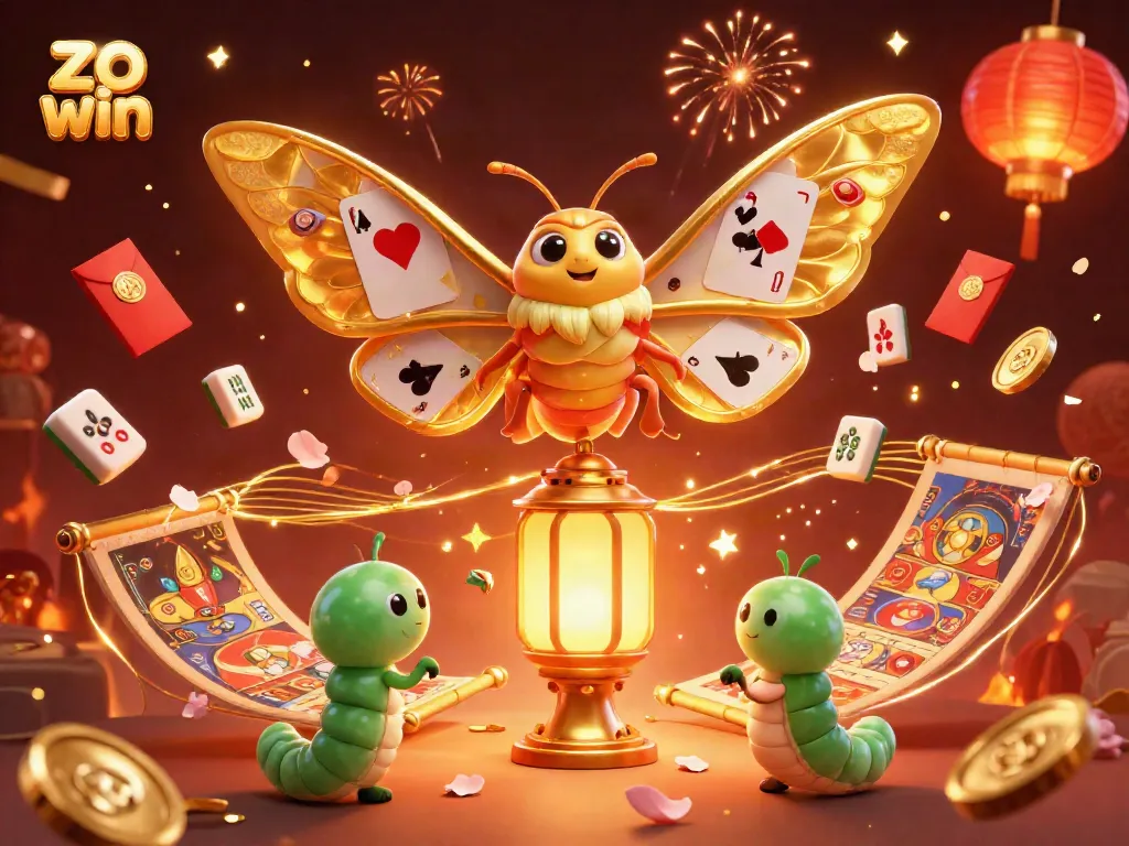 Engage with the vibrant casino world of zo win showcasing a magical moth surrounded by festive gambling elements.