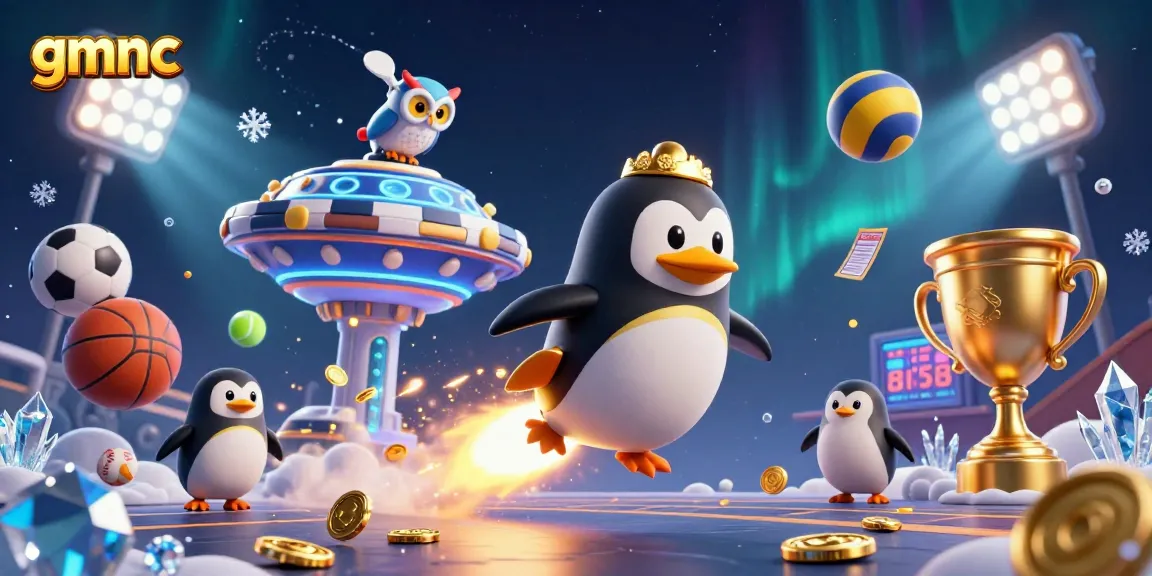 Experience gmnc's innovative casino journey with a golden penguin soaring through a vibrant space filled with betting excitement.