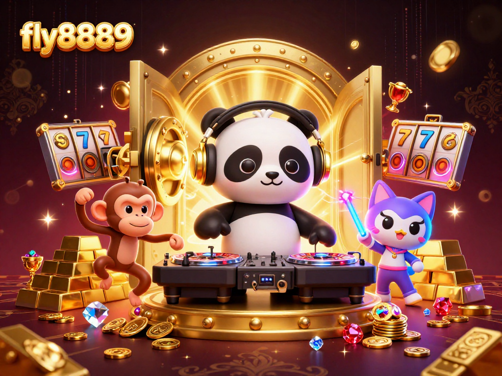 Experience vibrant slots action with fly8889 as DJ panda spins and gold treasures burst from a vault.
