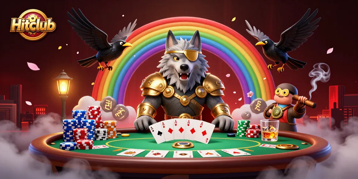Hitclub showcases a thrilling 3D poker scene featuring an Odin wolf, ravens, and vibrant chips.