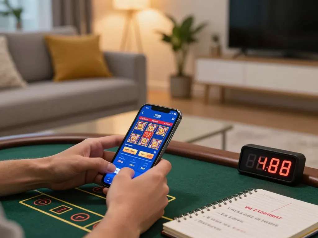 Engaging in online gambling at uk88 with smartphone showing live dealer games and strategic notes